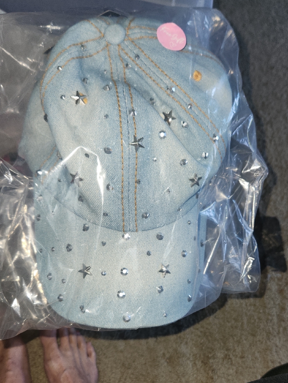 Womens Denim Light Blue Jean Star-Embellished Cap